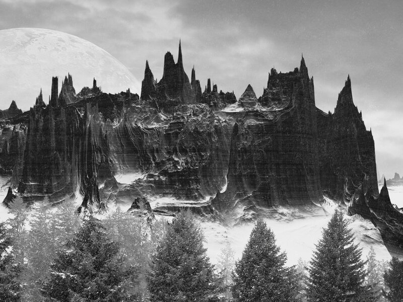 Snow-covered Mountains — Black, Dramatic, Night, Digital Art