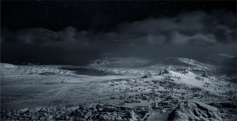 Snow-covered Mountains — Black, Dramatic, Night, Photograph, Trees