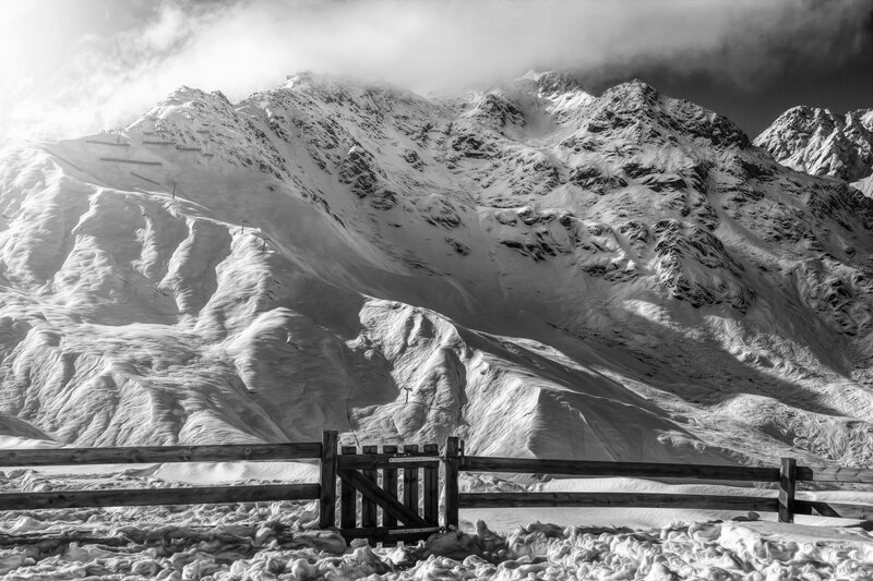 Snow-covered Mountains — Black, Dramatic, Winter, Photograph, Fence