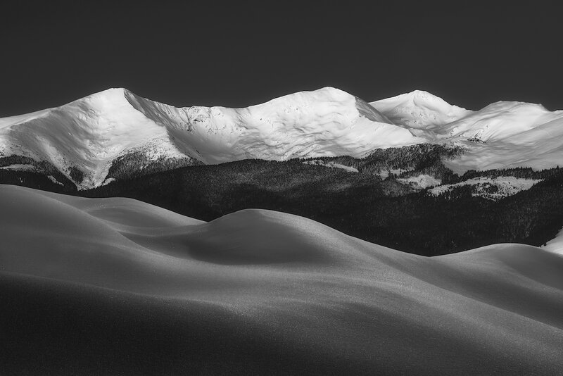 Snow-covered Mountains — Black, Dramatic, Winter, Photograph, Forest