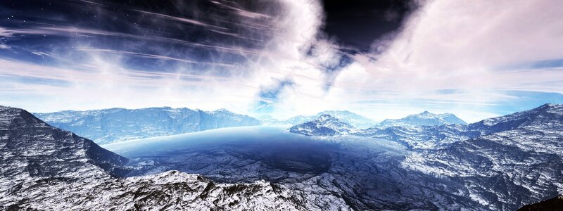 Snow-covered Mountains — Blue, Dramatic, Digital Art, Clouds, Sky
