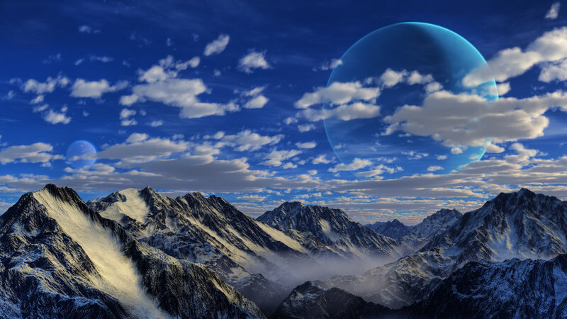 Snow-covered Mountains — Blue, Dramatic, Digital Art, Clouds