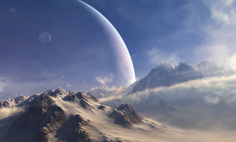 Snow-covered Mountains — Blue, Dramatic, Digital Art, Planet