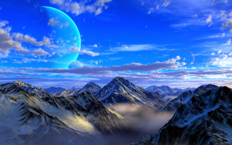 Snow-covered Mountains — Blue, Dramatic, Night, Digital Art, Blue Planet