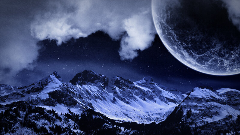 Snow-covered Mountains — Blue, Dramatic, Night, Digital Art, Moon, Clouds, Stars