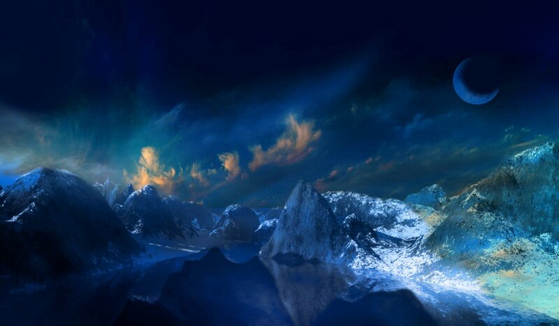 Snow-covered Mountains — Blue, Dramatic, Night, Digital Art, Moon, Clouds