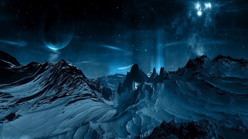 Snow-covered Mountains — Blue, Dramatic, Night, Digital Art, Moon, Stars