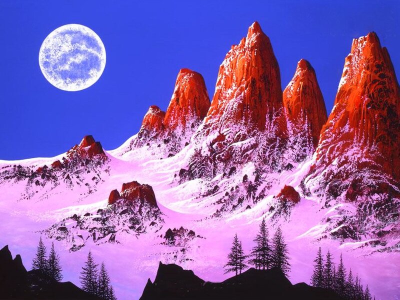 Snow-covered Mountains — Blue, Dramatic, Night, Digital Art, Moon, Trees