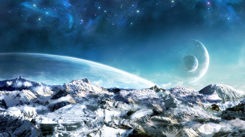 Snow-covered Mountains — Blue, Dramatic, Night, Digital Art, Planet, Moon