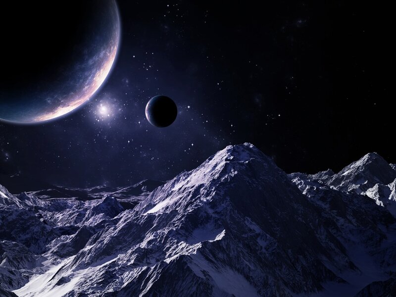 Snow-covered Mountains — Blue, Dramatic, Night, Digital Art, Planets, Stars