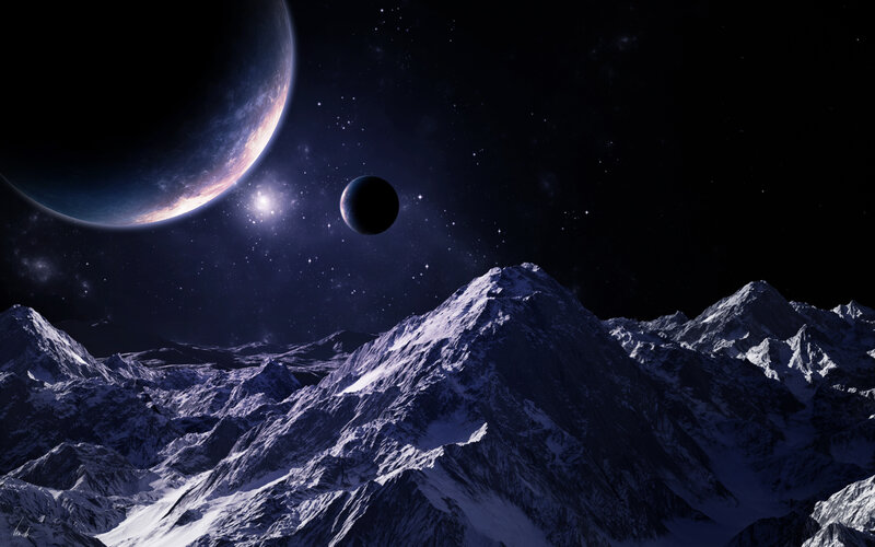 Snow-covered Mountains — Blue, Dramatic, Night, Digital Art, Planets