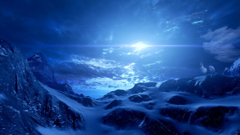 Snow-covered Mountains — Blue, Dramatic, Night, Digital Art, Sky