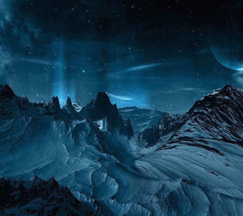 Snow-covered Mountains — Blue, Dramatic, Night, Digital Art, Stars, Planet