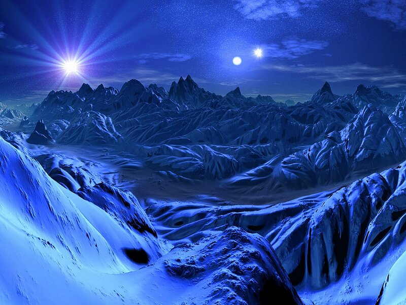 Snow-covered Mountains — Blue, Dramatic, Night, Digital Art, Stars