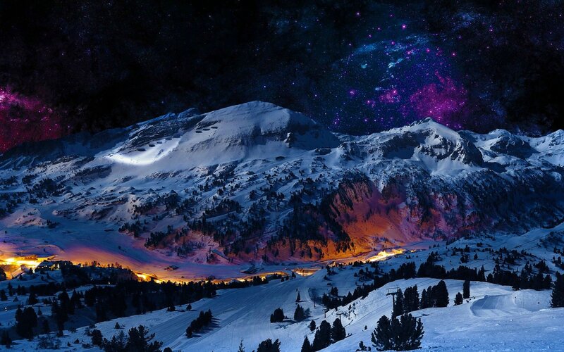 Snow-covered Mountains — Blue, Dramatic, Night, Digital Art, Stars, Village, Trees, Ski Slopes