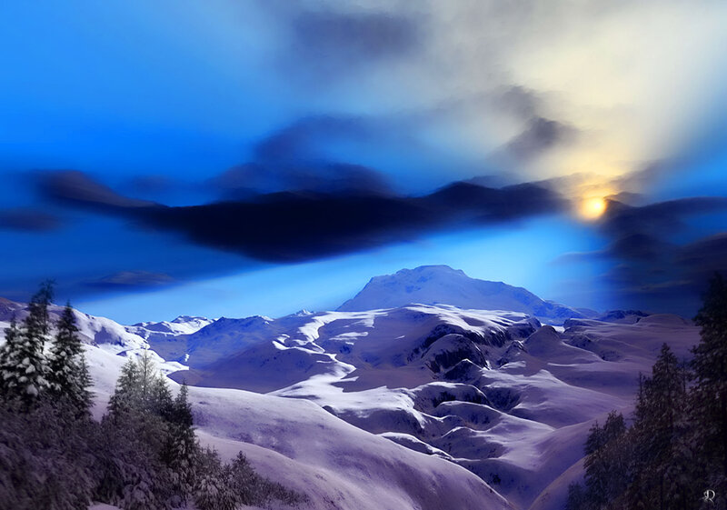 Snow-covered Mountains — Blue, Dramatic, Night, Digital Art, Trees