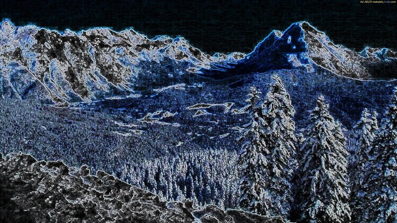 Snow-covered Mountains — Blue, Dramatic, Night, Digital Art, Trees, Valley