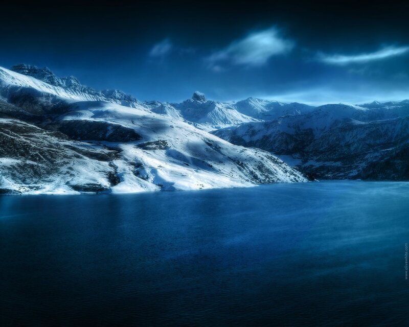 Snow-covered Mountains — Blue, Dramatic, Night, Photograph, Lake, Clouds