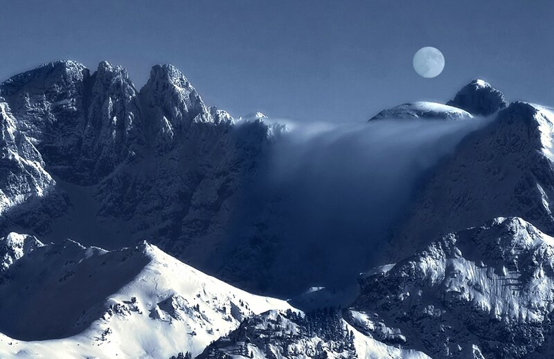 Snow-covered Mountains — Blue, Dramatic, Night, Photograph, Moon