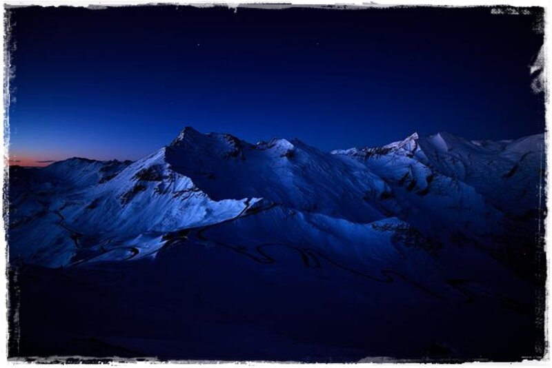 Snow-covered Mountains — Blue, Dramatic, Night, Photograph, Sky, Road