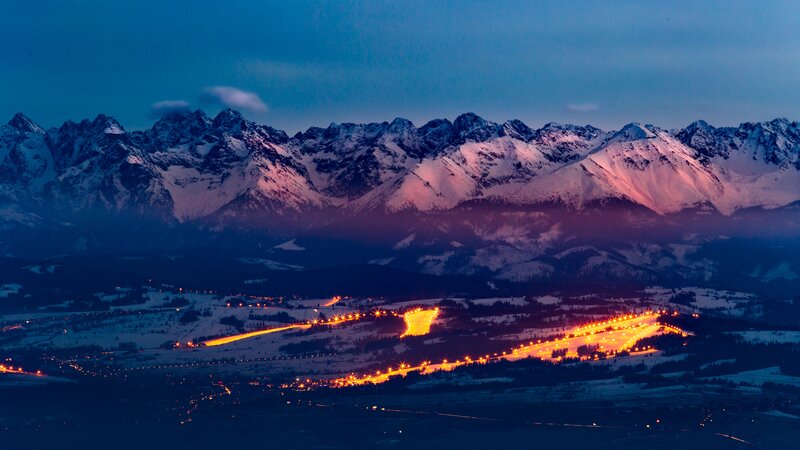 Snow-covered Mountains — Blue, Dramatic, Night, Photograph, Town