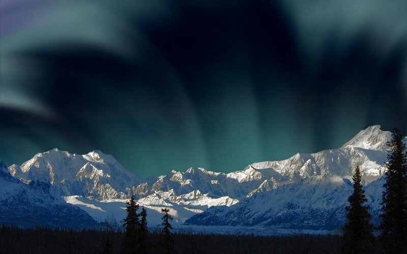 Snow-covered Mountains — Blue, Dramatic, Night, Photograph, Trees