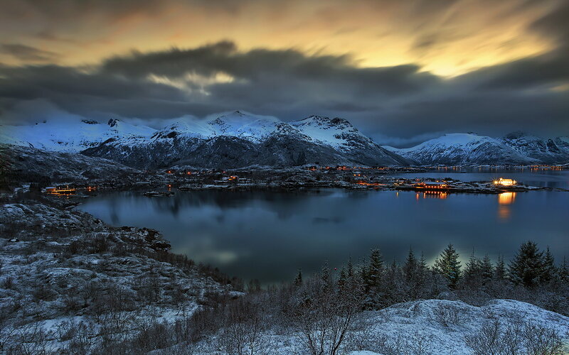 Snow-covered Mountains — Blue, Dramatic, Night, Photograph, Village