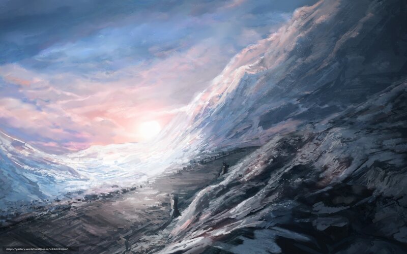 Snow-covered Mountains — Blue, Dramatic, Sunrise, Digital Art, Sun