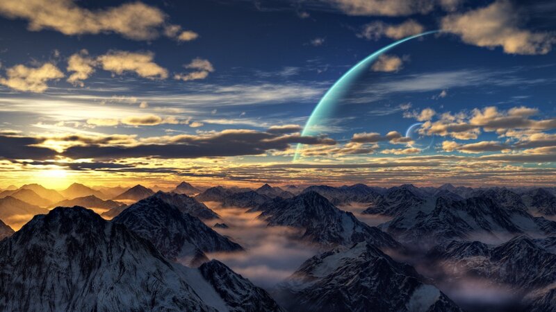 Snow-covered Mountains — Blue, Dramatic, Sunrise, Digital Art
