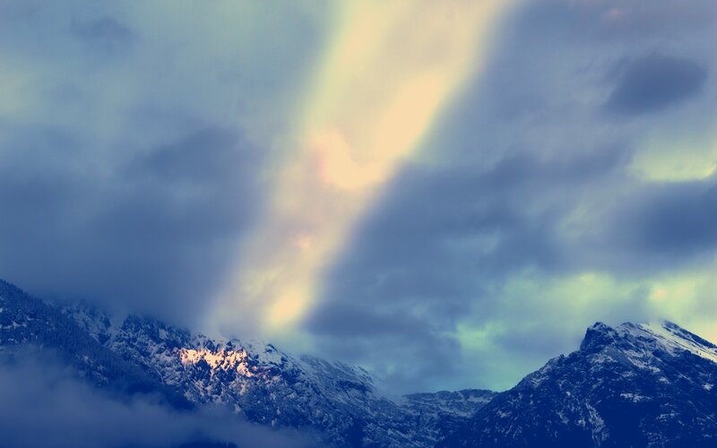 Snow-covered Mountains — Blue, Dramatic, Sunrise, Photograph, Clouds, Light Beam
