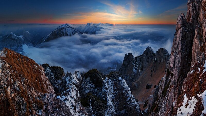Snow-covered Mountains — Blue, Dramatic, Sunrise, Photograph, Clouds, Rocky Peaks