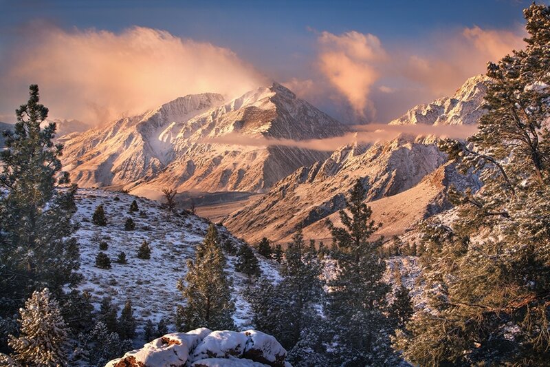 Snow-covered Mountains — Blue, Dramatic, Sunrise, Photograph, Trees