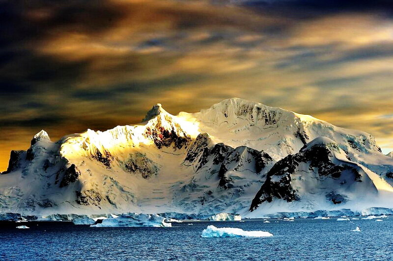 Snow-covered Mountains — Blue, Dramatic, Sunset, Photograph, Icebergs, Sea, Clouds