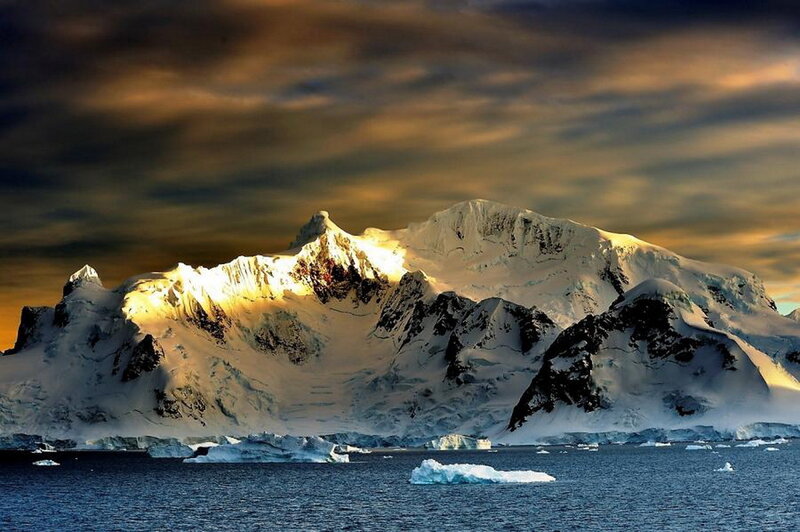 Snow-covered Mountains — Blue, Dramatic, Sunset, Photograph, Icebergs