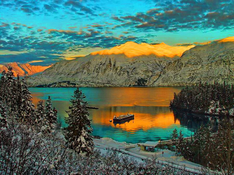 Snow-covered Mountains — Blue, Dramatic, Sunset, Photograph, Lake, Boat