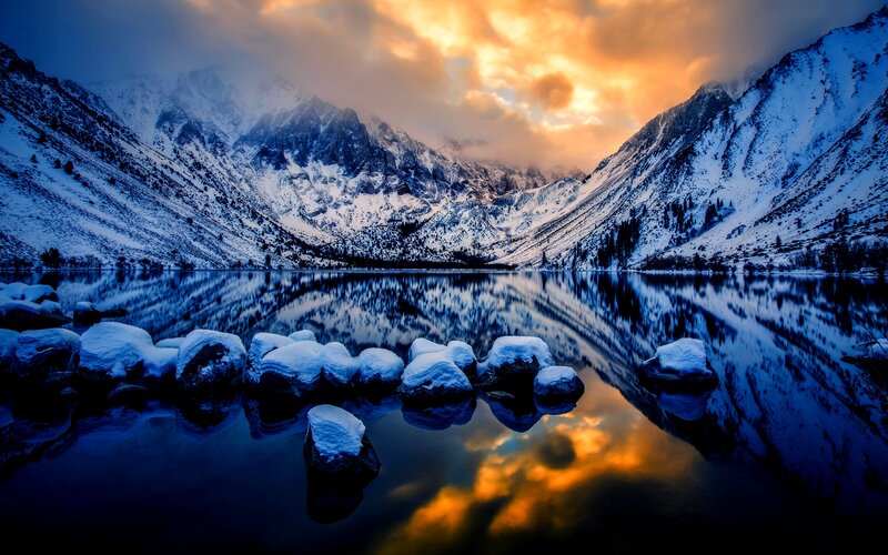 Snow-covered Mountains — Blue, Dramatic, Sunset, Photograph, Lake, Rocks