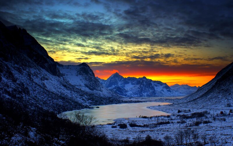 Snow-covered Mountains — Blue, Dramatic, Sunset, Photograph, Lake, Sky