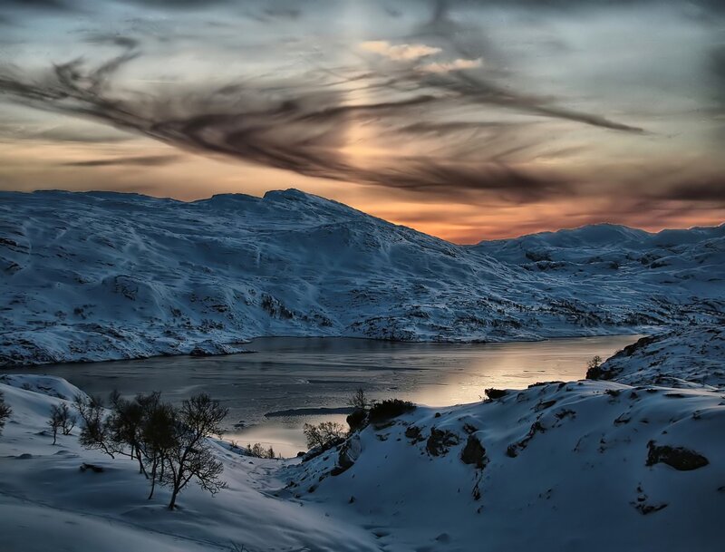 Snow-covered Mountains — Blue, Dramatic, Sunset, Photograph, Lake