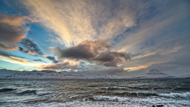 Snow-covered Mountains — Blue, Dramatic, Sunset, Photograph, Sea