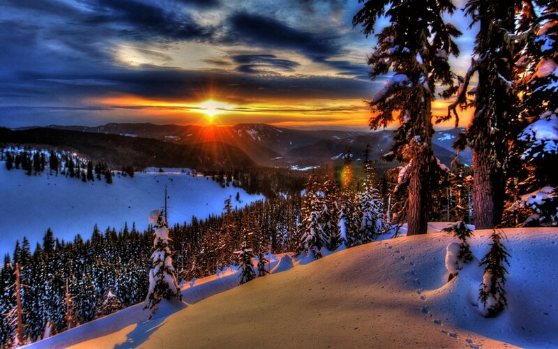 Snow-covered Mountains — Blue, Dramatic, Sunset, Photograph, Trees, Sun