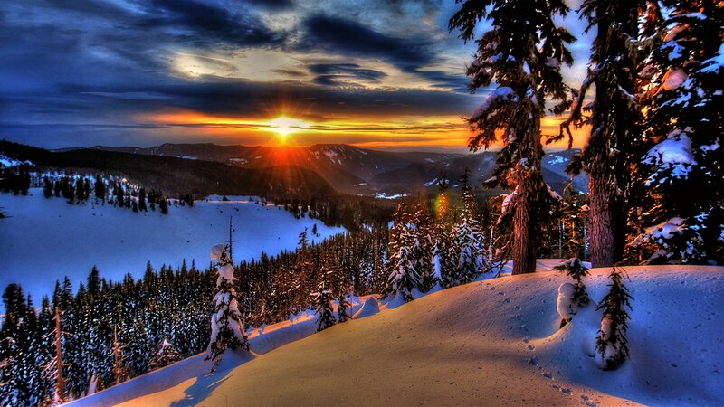 Snow-covered Mountains — Blue, Dramatic, Sunset, Photograph, Trees
