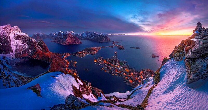 Snow-covered Mountains — Blue, Dramatic, Sunset, Photograph, Village