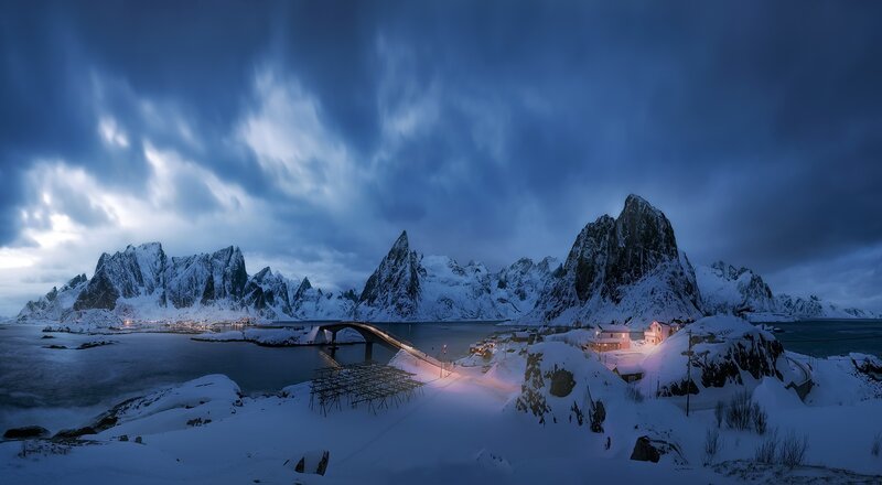 Snow-covered Mountains — Blue, Dramatic, Winter, Photograph, Bridge