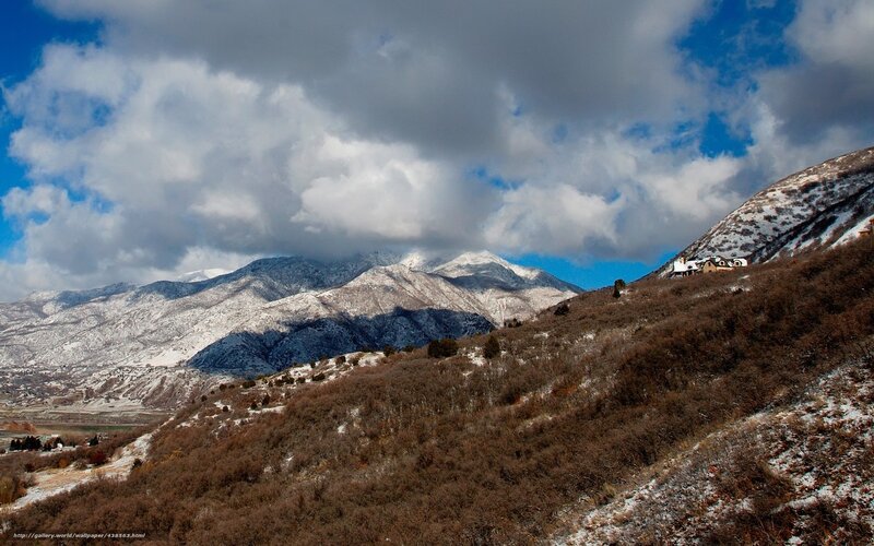 Snow-covered Mountains — Blue, Dramatic, Winter, Photograph, Clouds, Hills, House