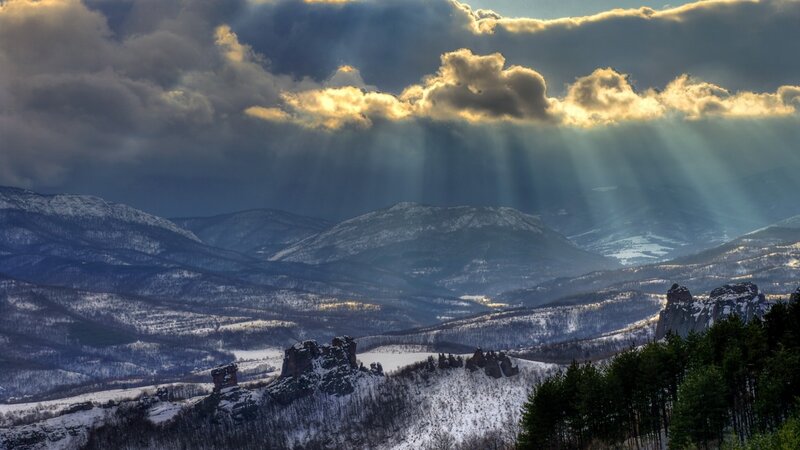 Snow-covered Mountains — Blue, Dramatic, Winter, Photograph, Clouds, Sunbeams