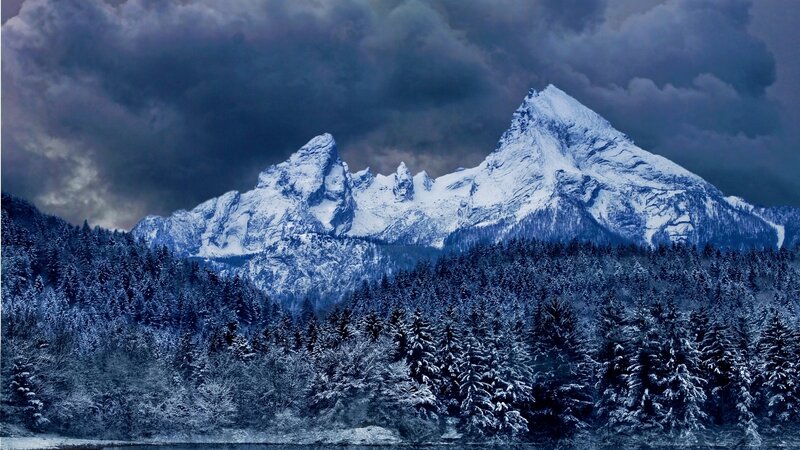 Snow-covered Mountains — Blue, Dramatic, Winter, Photograph, Forest, Clouds, Trees
