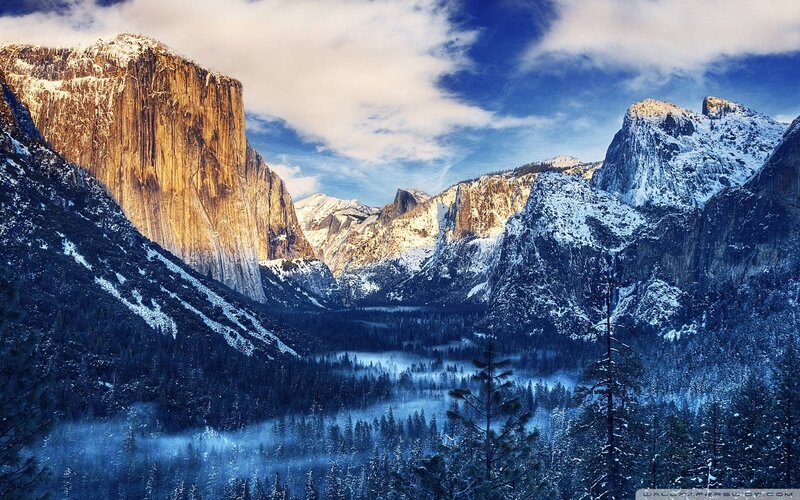 Snow-covered Mountains — Blue, Dramatic, Winter, Photograph, Forest, Valley, Clouds