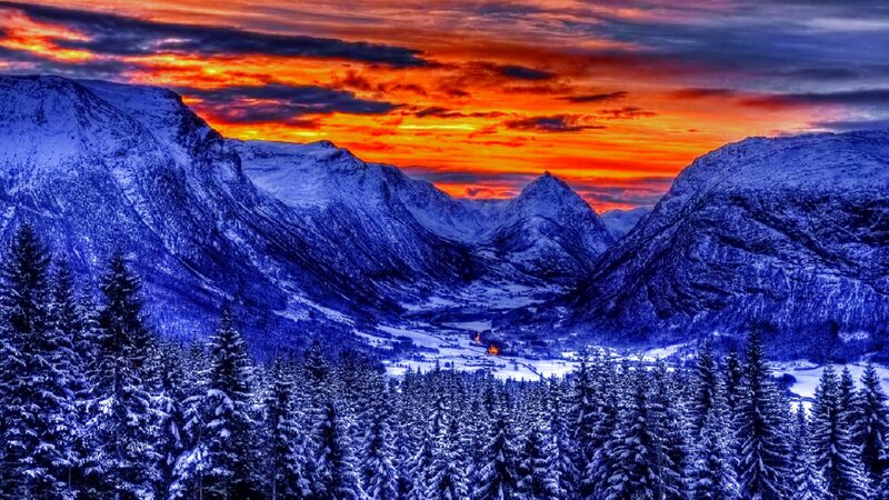 Snow-covered Mountains — Blue, Dramatic, Winter, Photograph, Forest, Valley, Sunset