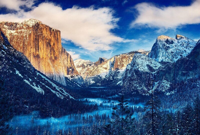 Snow-covered Mountains — Blue, Dramatic, Winter, Photograph, Forest, Valley