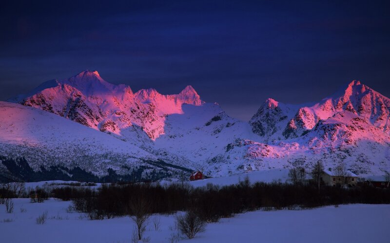 Snow-covered Mountains — Blue, Dramatic, Winter, Photograph, Huts